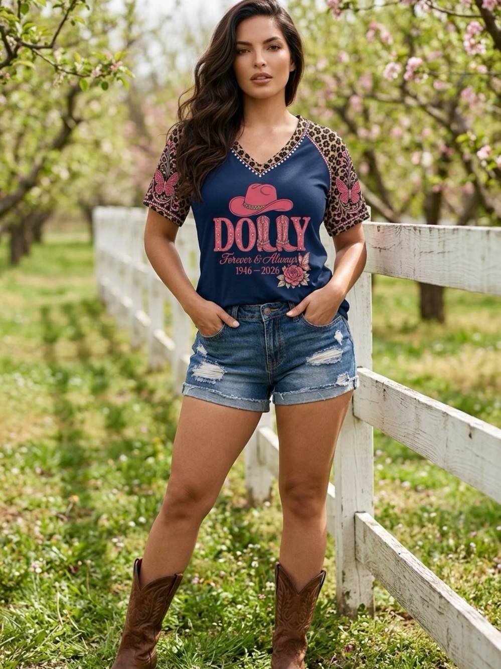 Dolly Graphic V-Neck Tee - Navy with Pink Accents